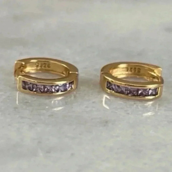 Modest Lu Jewelry - Gold Thick Huggie Hoop Purple Crystal Pave Earrings 

Brand New